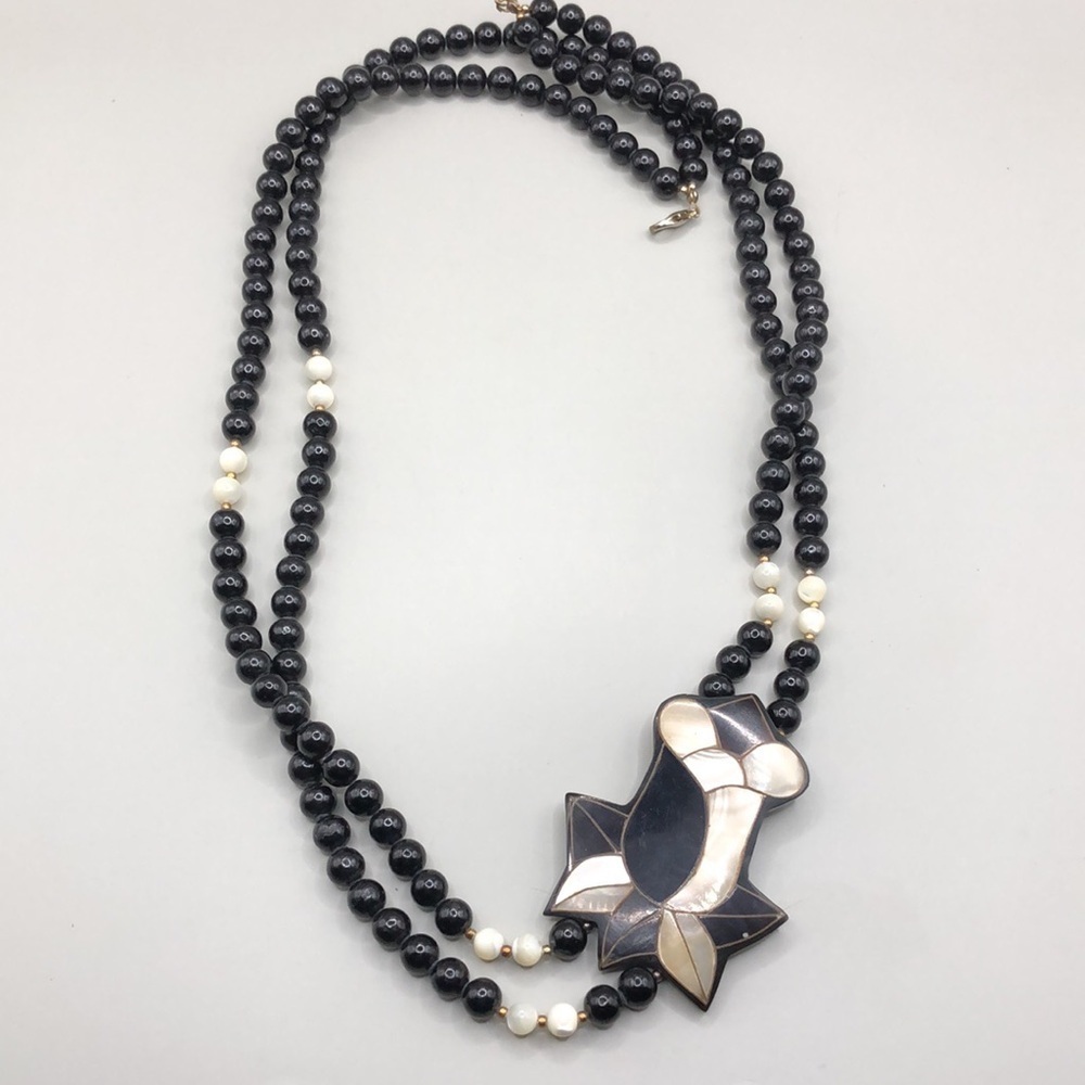 Signed Lee Sands Vintage Necklace Flower MoP Inlay Beaded Statement Style